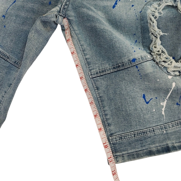 Men’s Distressed Paint Splatter Light Blue Wash Denim Shorts Size 40 - Picture 9 of 11